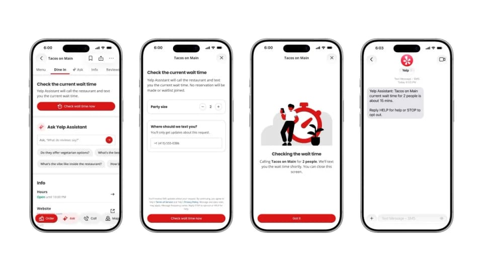 Yelp app screens showing a request to check restaurant wait times.