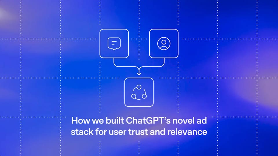 OpenAI illustration connecting chat, user and sharing icons above the advertising-stack article title.