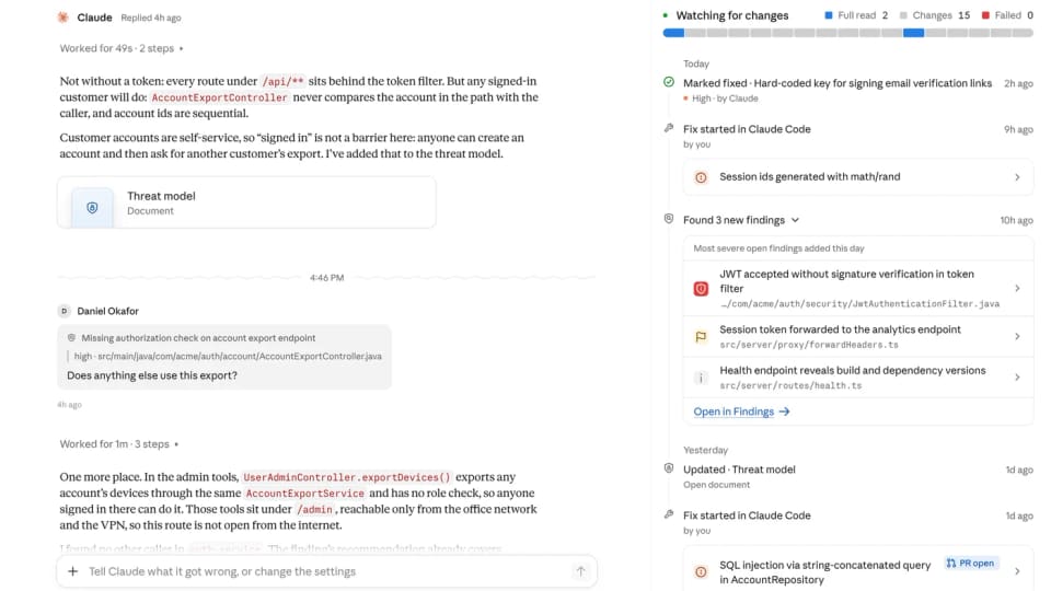 Claude Security interface showing a security finding and ongoing change tracking.
