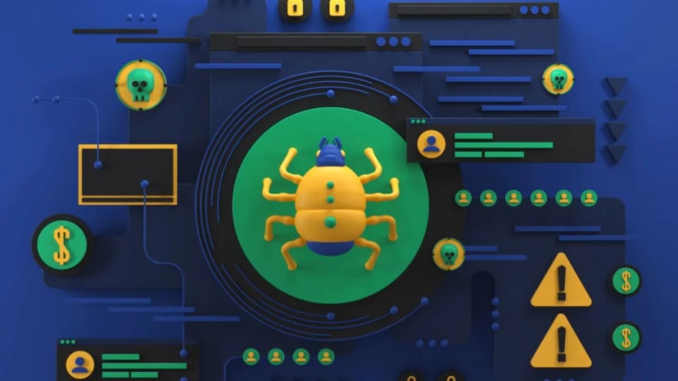 Illustration of a yellow computer bug surrounded by warning symbols and digital interface panels.