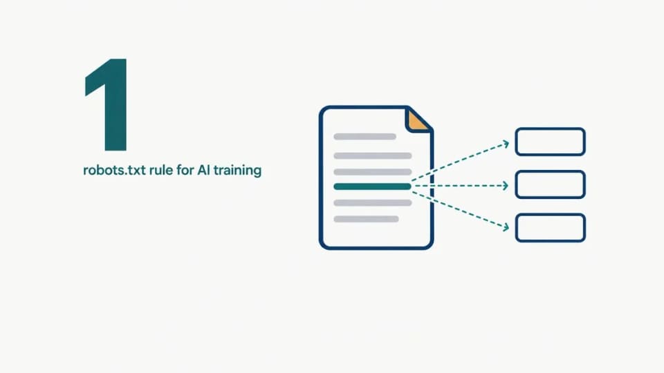 Publisher illustration of one robots.txt document distributing an AI training preference to several providers.