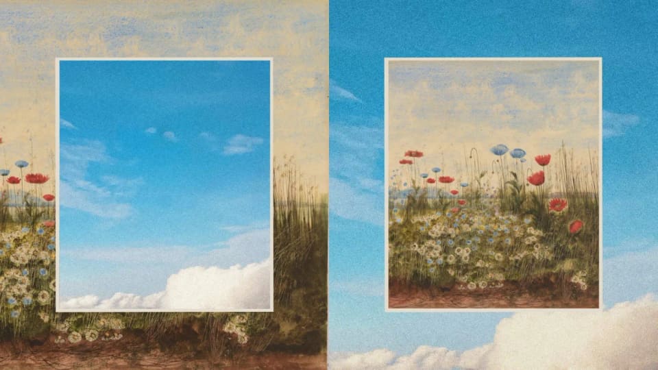 Illustration of picture frames showing sky and a flower meadow.