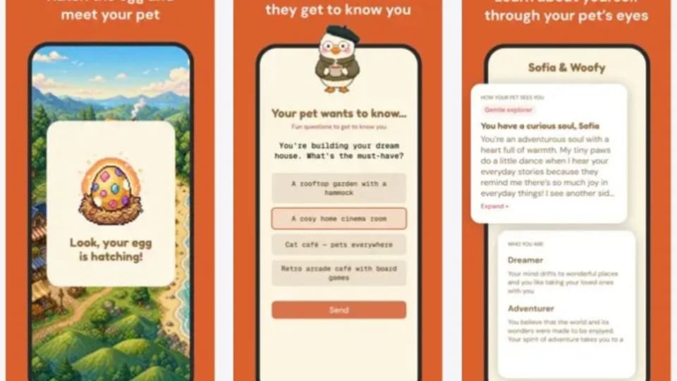 Waddle World app screenshots showing a pixel pet, conversation prompts and illustrated journal entries.