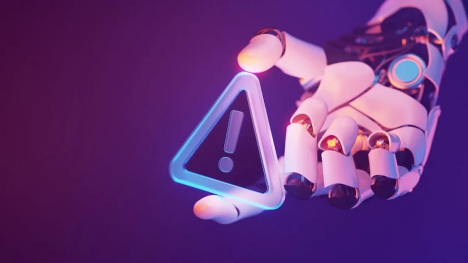 Illustration of a robotic hand holding a warning triangle.