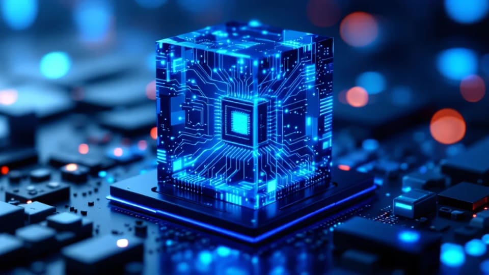 Publisher illustration of a glowing blue circuit cube mounted on a chip.