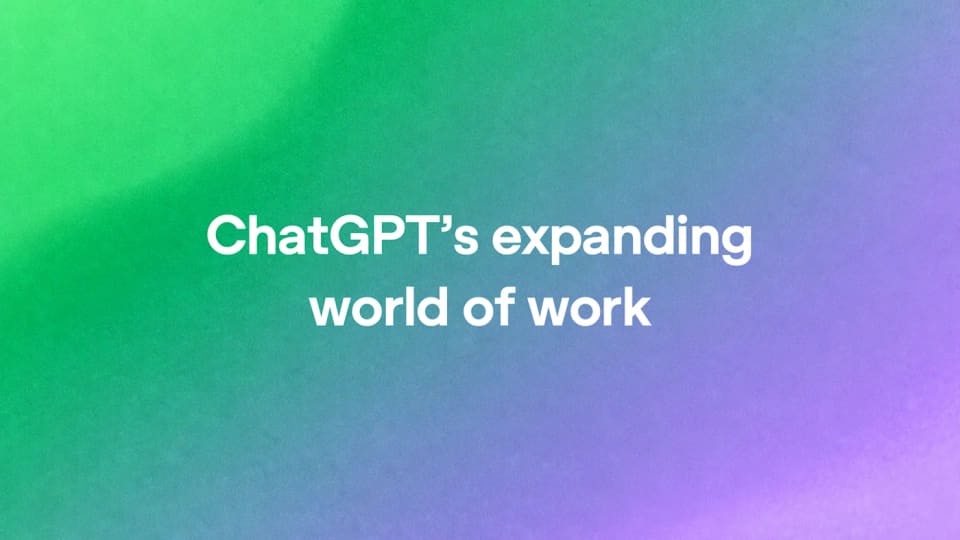 OpenAI green and purple cover graphic reading ChatGPT’s expanding world of work.