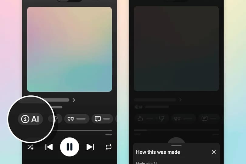 YouTube Music screens showing AI content information
