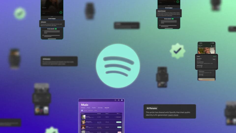Spotify illustration combining its wordmark with music-app and artist-profile screens.