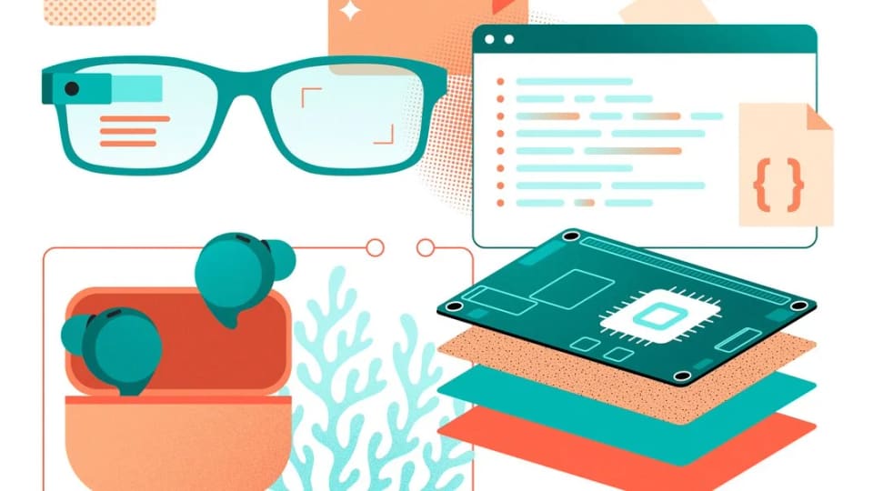 Google illustration of smart glasses, code and an edge AI chip.
