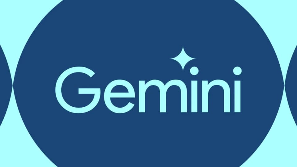 Gemini wordmark inside dark blue circles on a cyan background.