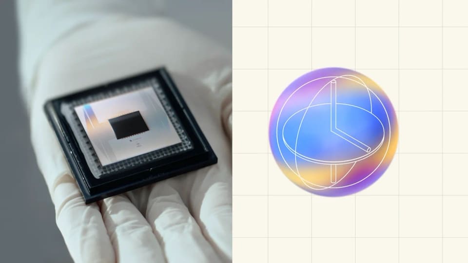 A quantum processor held in a gloved hand beside a colorful circular illustration.