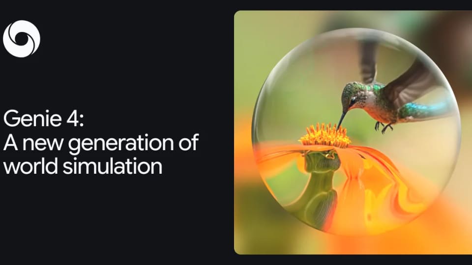 Google DeepMind Genie 4 cover graphic with a hummingbird and flower inside a reflective sphere.