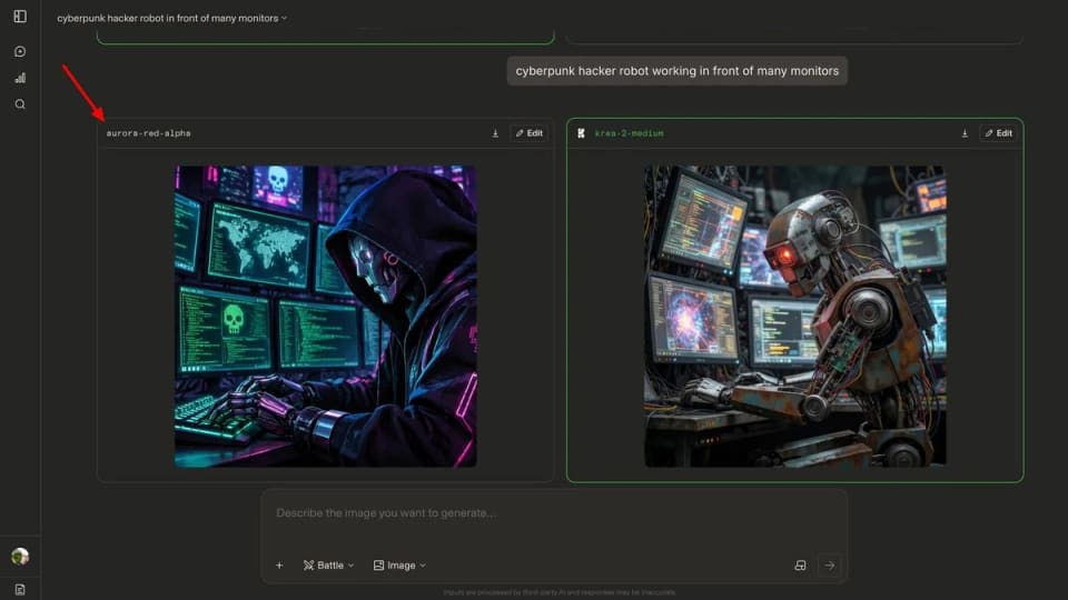 TestingCatalog screenshot of an Arena comparison showing two generated cyberpunk images.