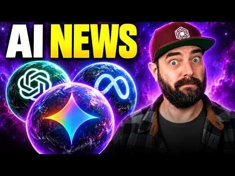 AI News video cover with a presenter and OpenAI, Meta and Gemini graphics.
