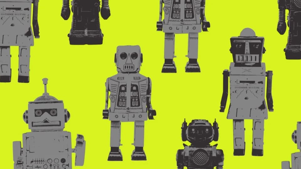 Illustration of toy robots against a bright yellow-green background.