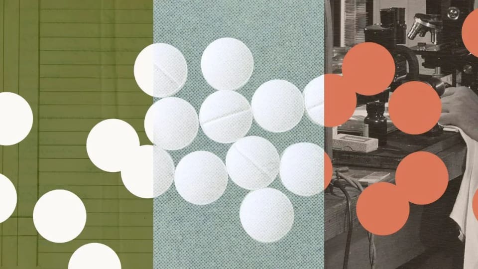 Anthropic drug-development cover graphic combining laboratory imagery with white and orange circles.