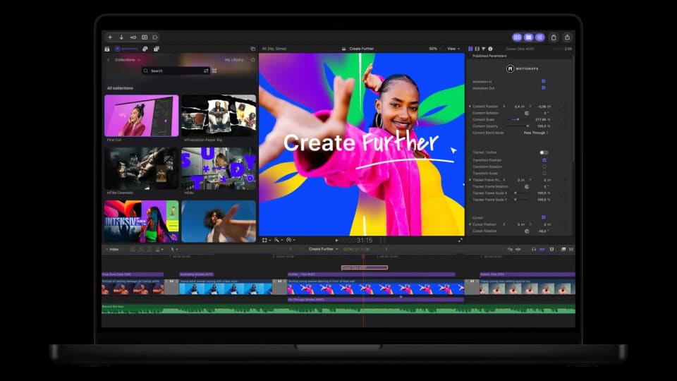 Apple press image showing MotionVFX tools within Final Cut Pro on a MacBook Pro.