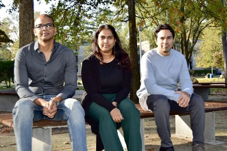 Stony Brook researchers Niranjan Balasubramanian, Aruna Balasubramanian and Anshul Gandhi seated outdoors, from left to right.