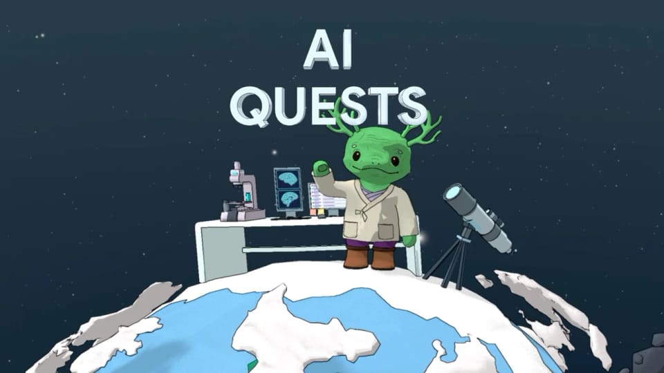 AI Quests illustration with a green character and telescope on a snowy peak.