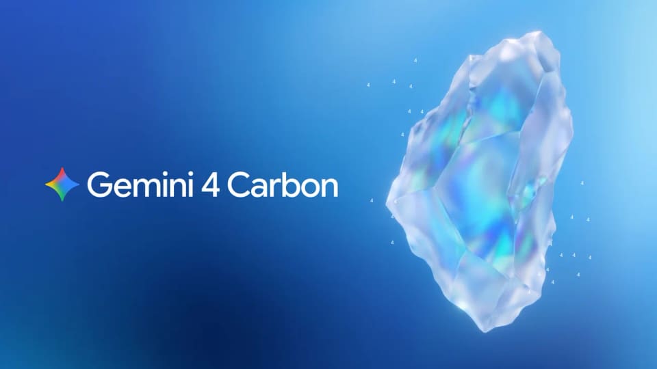 Google Gemini 4 Carbon cover graphic with an iridescent crystal and model name against a blue background.