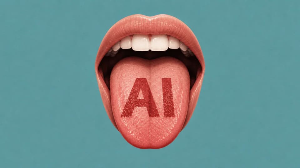 AI-generated illustration of an open mouth with AI lettering on the tongue.