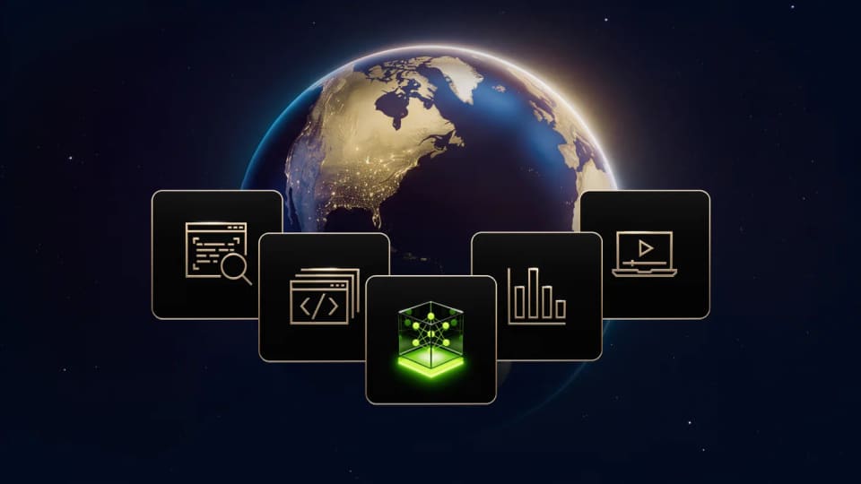NVIDIA illustration of a globe above icons for documents, code and agent workflows.