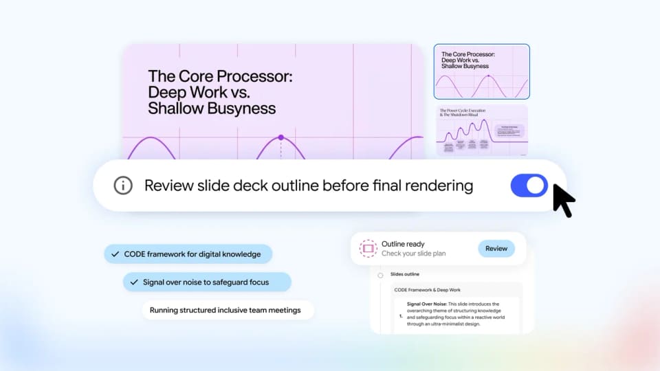Google illustration of a slide outline review toggle and sample presentation notes.