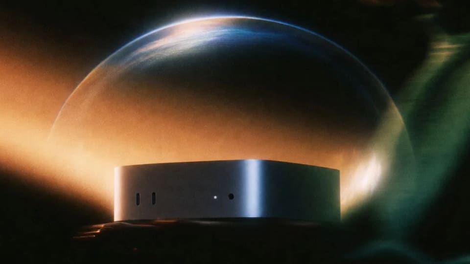 Perplexity illustration of a Mac mini against a glowing planetary backdrop.