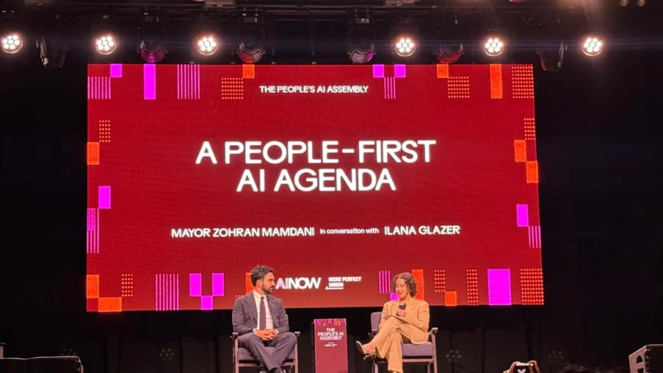 Zohran Mamdani and Ilana Glazer speaking at The People’s AI Assembly.