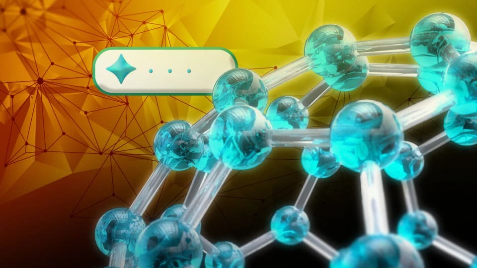 Illustration of a crystal lattice beside an AI chat symbol.
