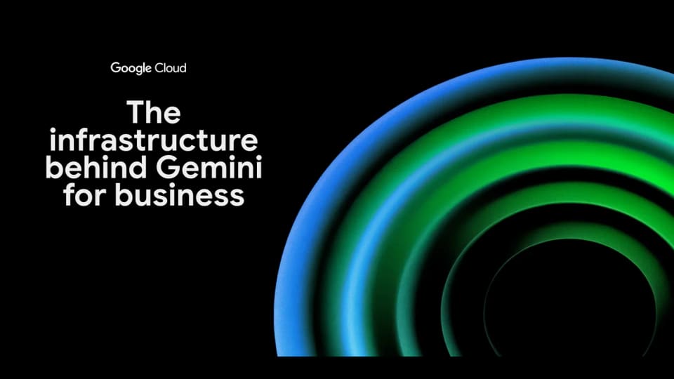Google Cloud cover graphic about infrastructure behind Gemini for business, with blue and green curved shapes.