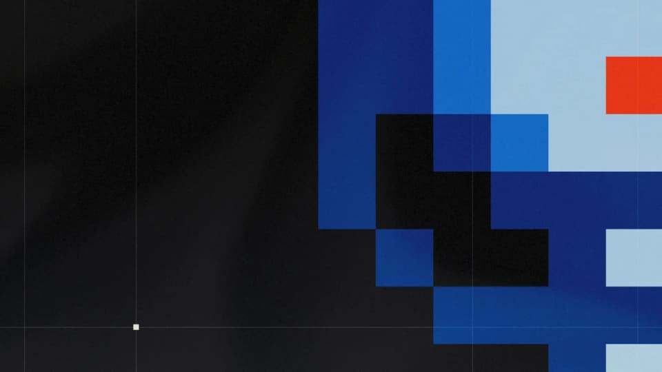 Mistral Voxtral story illustration made of blue, black and orange blocks.