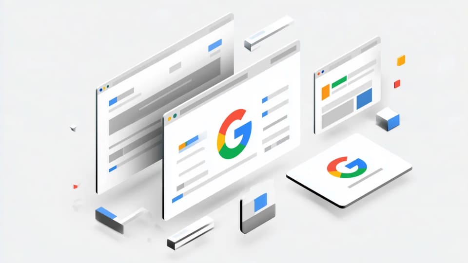 Illustration of Google logos beside floating browser windows.