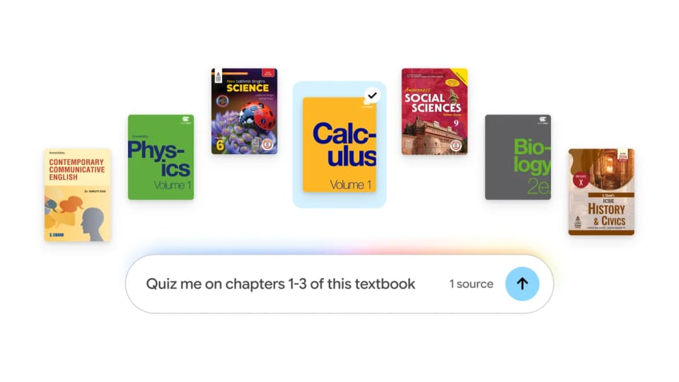 Google Gemini Notebook graphic showing textbook covers and a prompt to create a quiz.