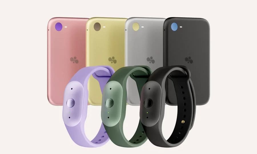 Bee wrist devices and rectangular phone attachments in four colours.