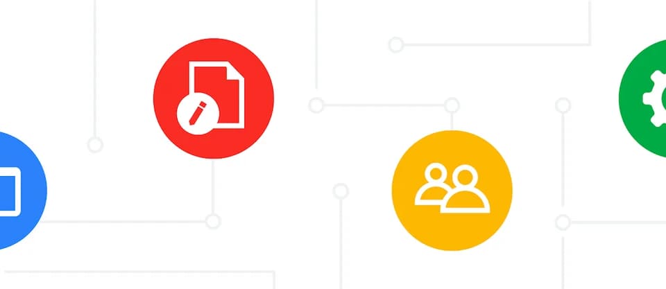 Google Open Source illustration with connected folder, document, people and gear icons.