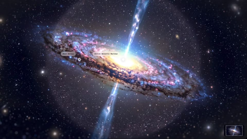Google immersive exploration screenshot showing a labelled quasar and surrounding galaxy.