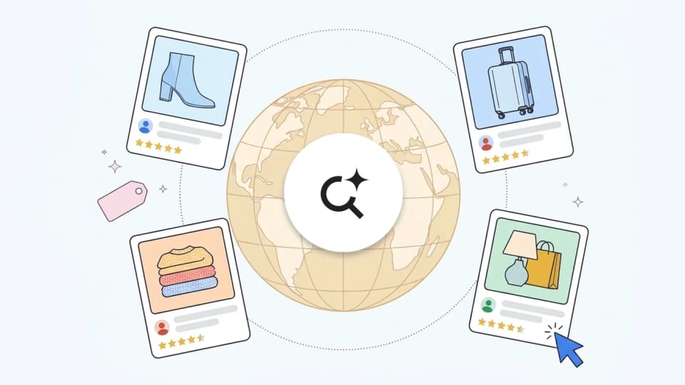 Google illustration of AI search and product listings around a globe.