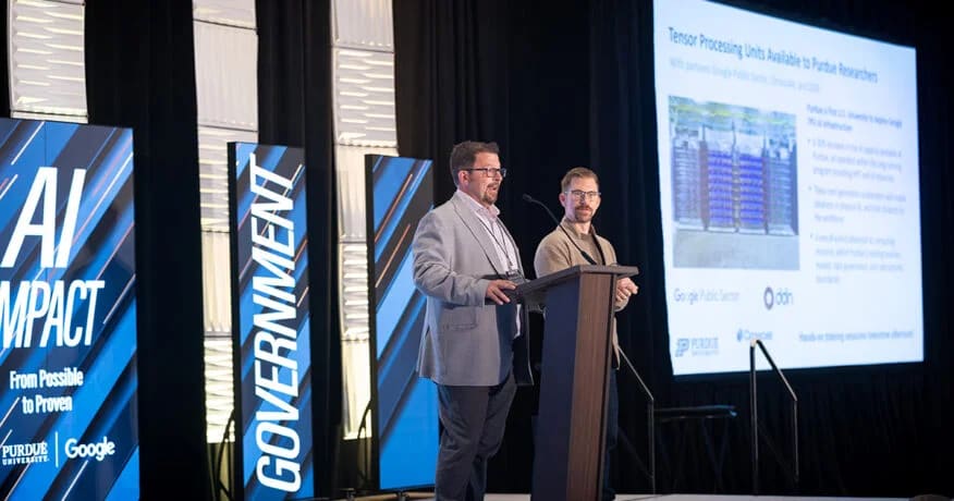 Preston Smith and Adam Deer presenting the Google TPU collaboration at Purdue’s AI Impact event.