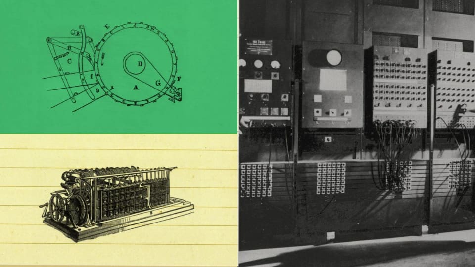 Anthropic collage of a circuit diagram, a calculating machine and a historical computer photograph.