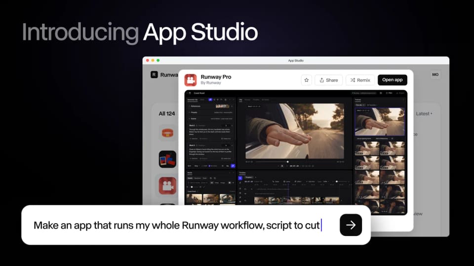 Runway App Studio cover graphic showing a custom creative application and its prompt interface.