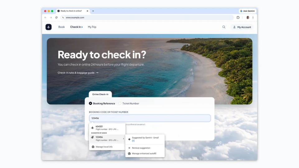 Chrome enhanced autofill demonstration showing a suggested booking reference on an airline check-in form.