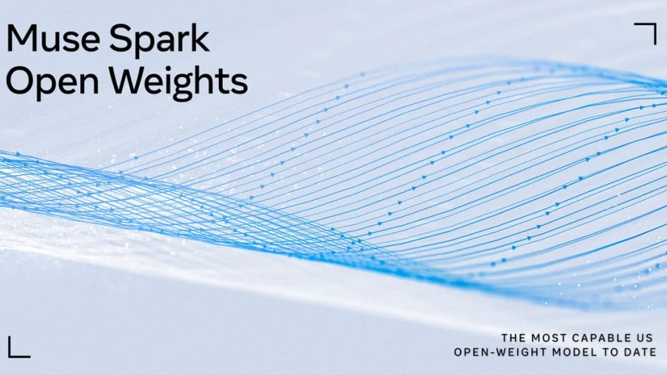 Muse Spark Open Weights cover with flowing blue lines on a pale background.