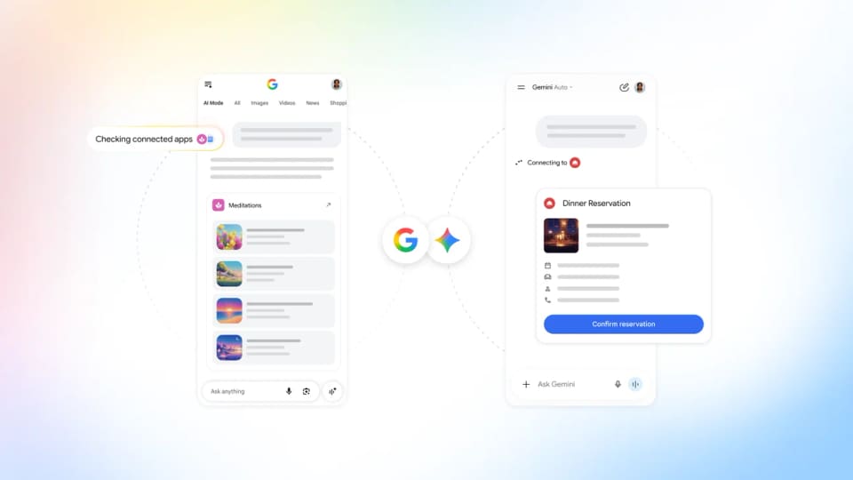 Google Connected Apps graphic showing app connections between Search and Gemini interfaces.