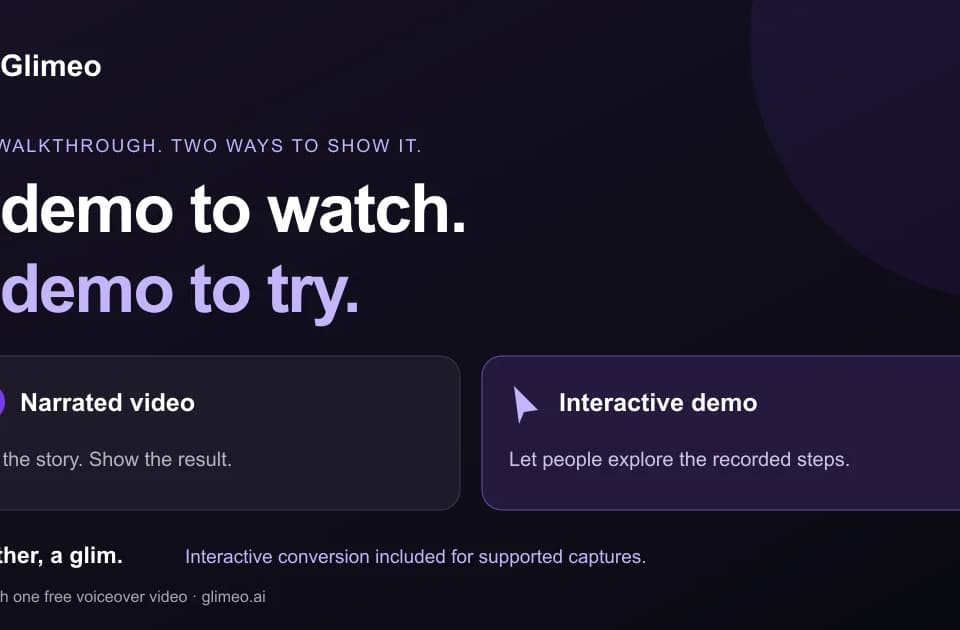 Glimeo: one product walkthrough as a narrated video and a clickable tour