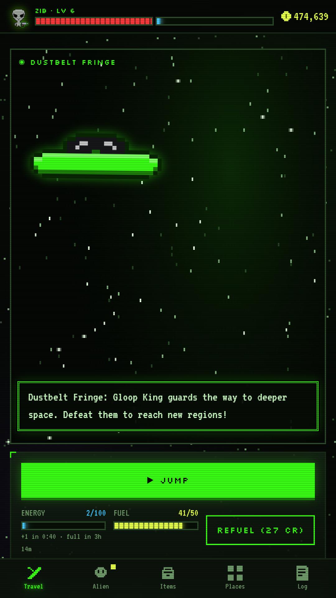 Alien MMO gameplay: a neon green UFO exploring the Dustbelt Fringe