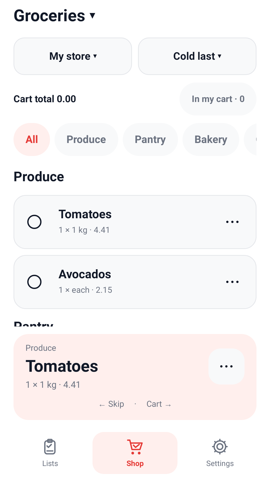 Cartlane shopping screen with category tabs and the next grocery item